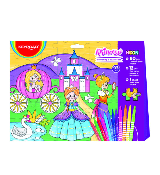 Coloring Kit Puzzle, Princess, (Rompecabezas x 80 Pzas + 12x Marcadores Escolares), Set.